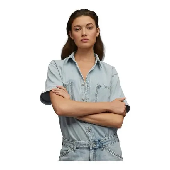 Pilcro Slouchy Denim Jumpsuit Light Wash Straight Leg Distressed size 4 - Picture 2 of 7